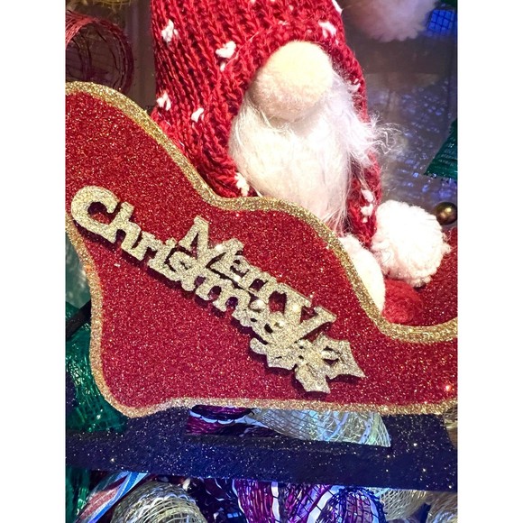 Handmade Christmas Gnome in Sleigh Holiday Ribbon Door Wreath 26 ins LED XLW2 - Picture 8 of 11